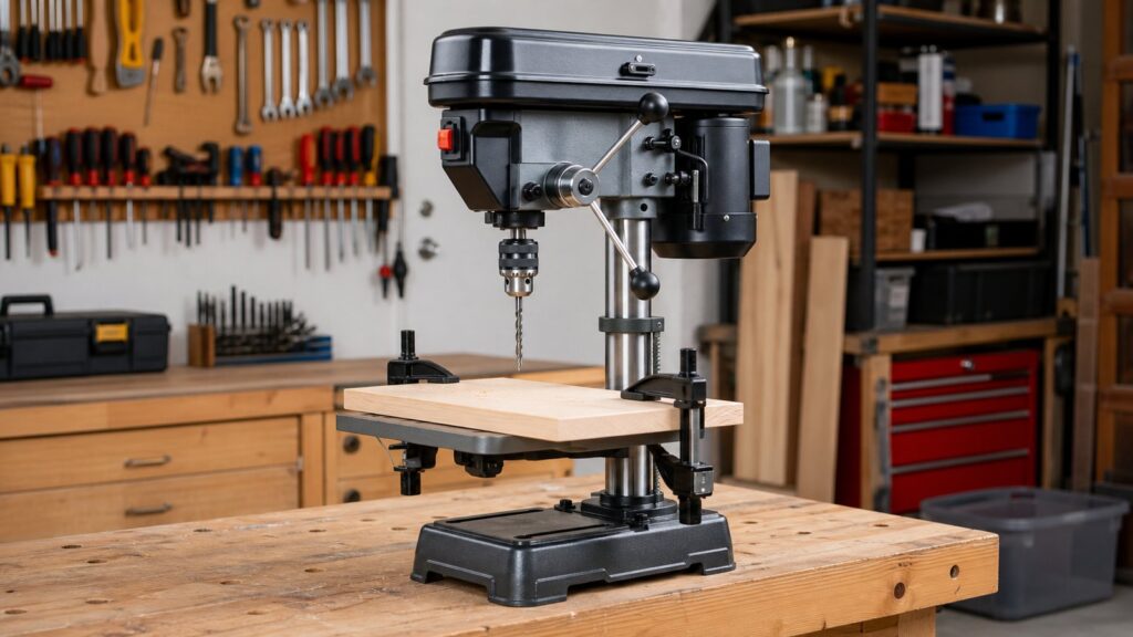 Benchtop drill press set up on a compact garage workshop bench