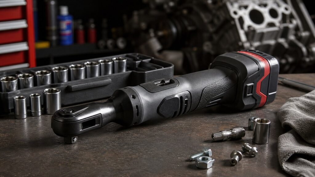 Cordless electric ratchet wrench with sockets on a garage workbench