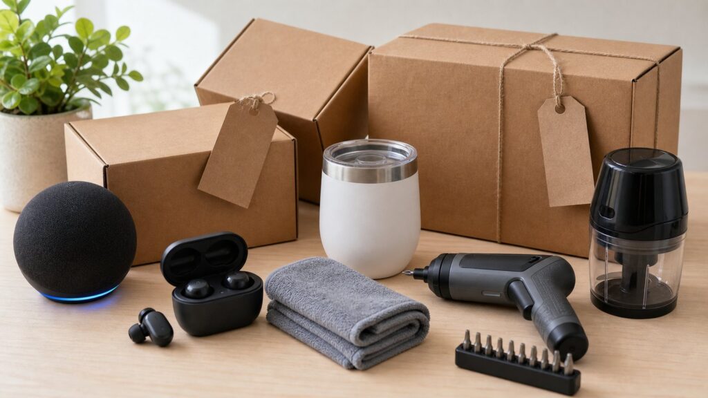 Assorted useful home, tech, and tool products beside delivery boxes and blank deal tags