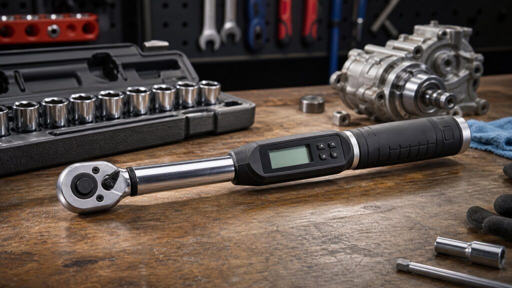 Digital torque wrench with socket set on a garage workbench