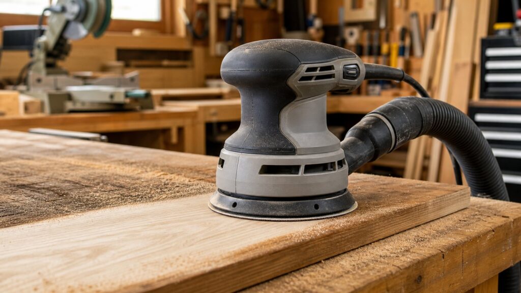 Random orbital sander on a woodshop bench with dust collection hose attached