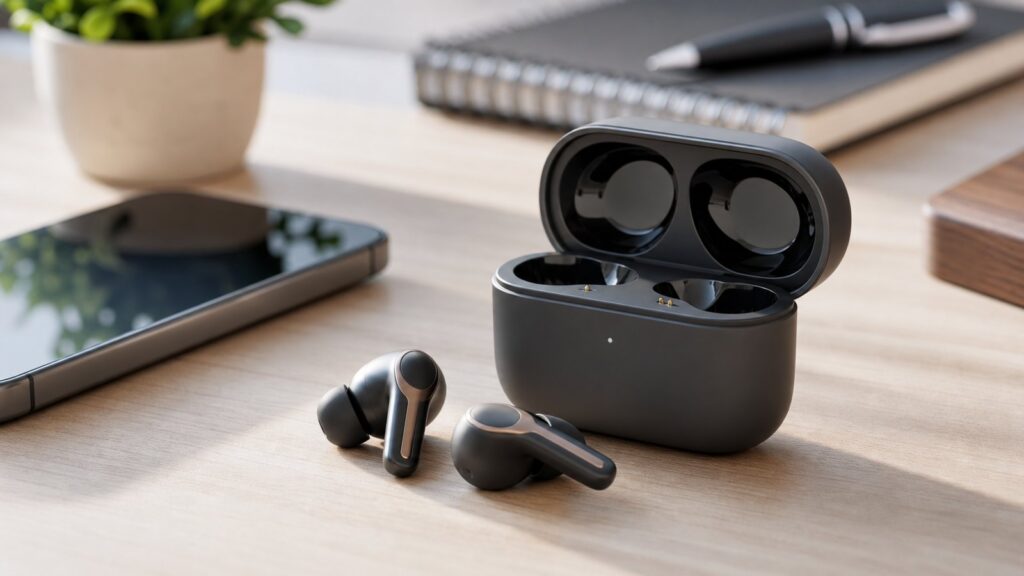 Wireless earbuds and open charging case on a clean desk